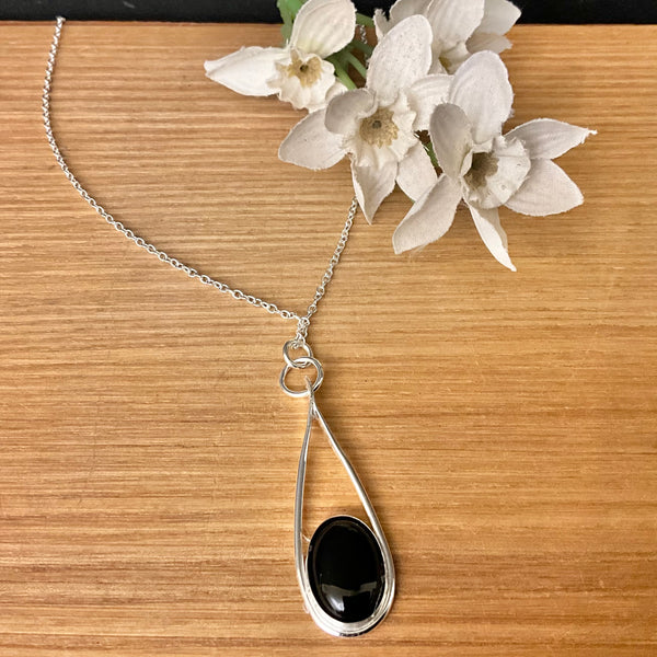 Small Silver Teardrop Pendant with Black Onyx