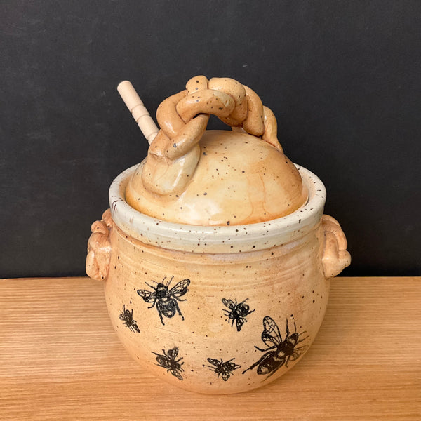 Honey Pot in Caramel Brown with Bee Pattern & Braided Finial