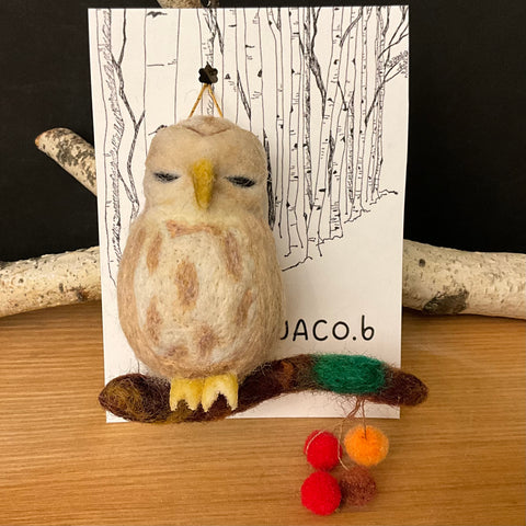 Barn Owl Needlefelted Ornament on Branch