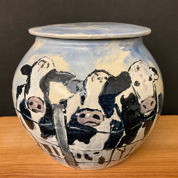 Large Lidded Jar Cows in Snow & Family Farm