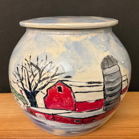 Large Lidded Jar Cows in Snow & Family Farm