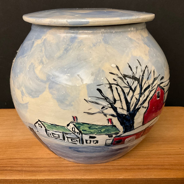 Large Lidded Jar Cows in Snow & Family Farm