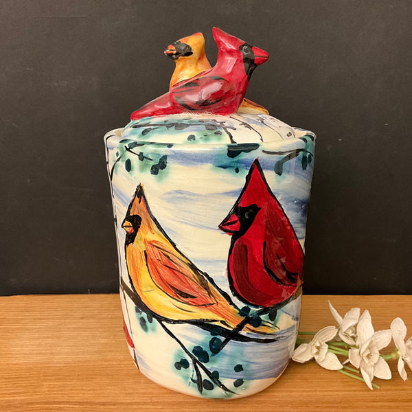 Tall Lidded Jar w Cardinals