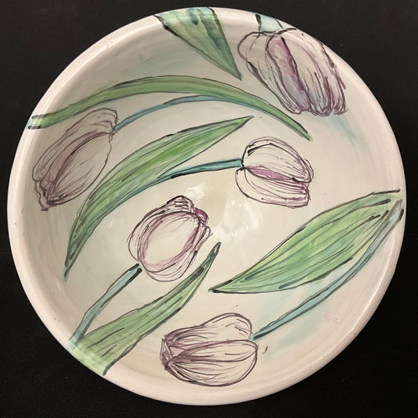 Large White Majolica Bowl with Pale Purple Tulips