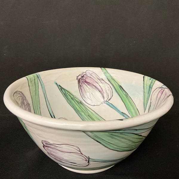 Large White Majolica Bowl with Pale Purple Tulips