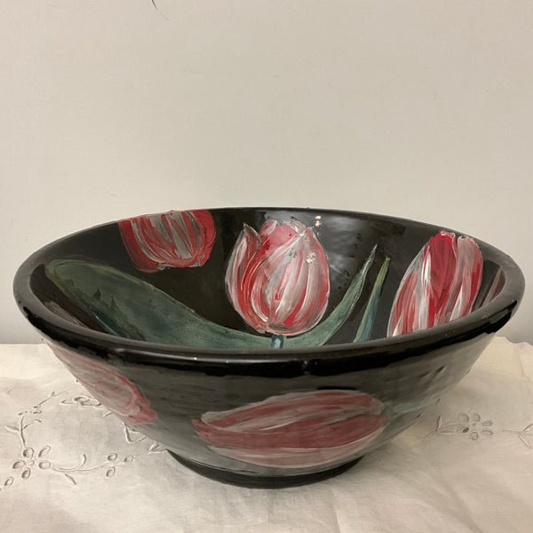 Deep Black Bowl with Pink Tulips