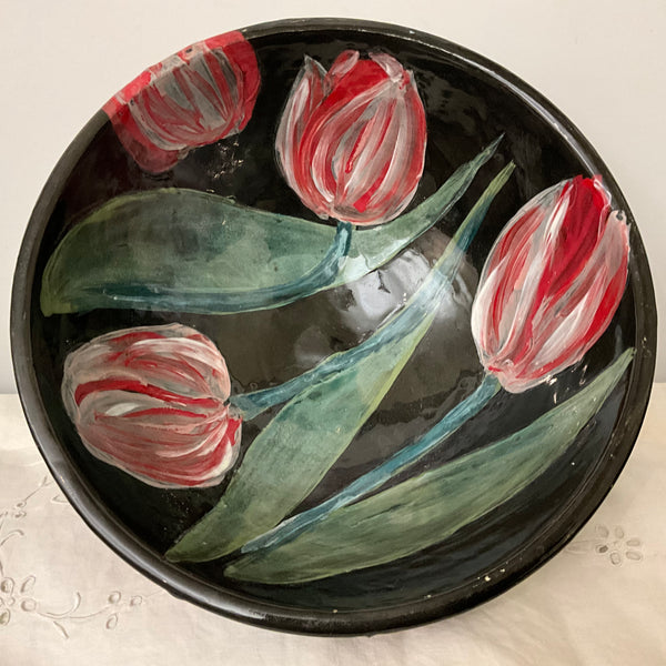 Deep Black Bowl with Pink Tulips