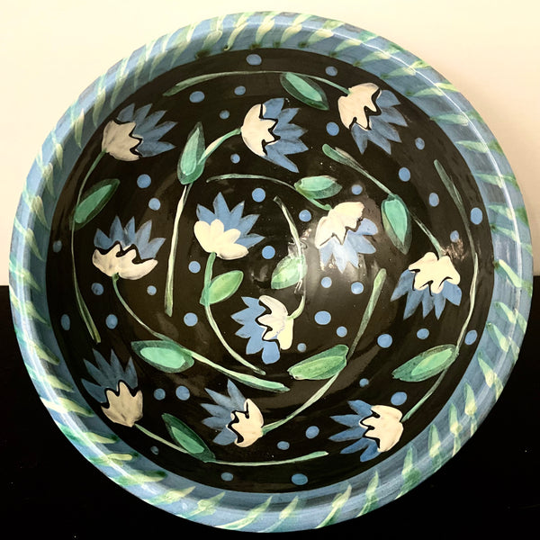 Deep Black Bowl with Blue Flowers