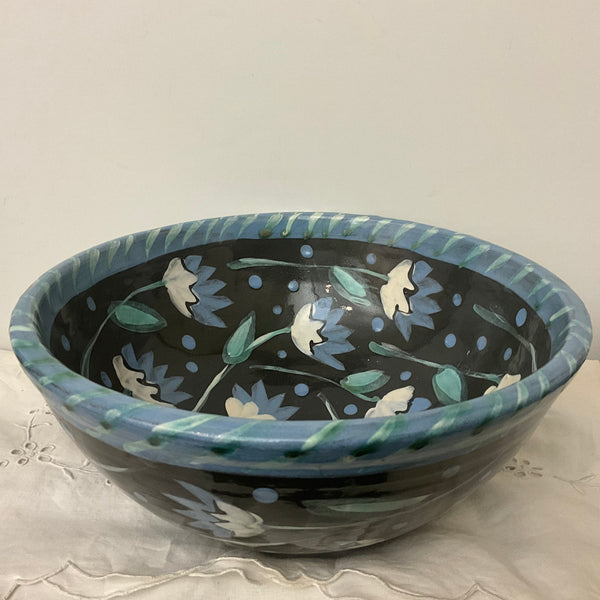 Deep Black Bowl with Blue Flowers