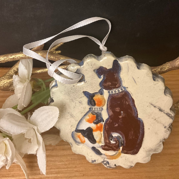 Small Ceramic Ornament Calico Cat & Brown Dog