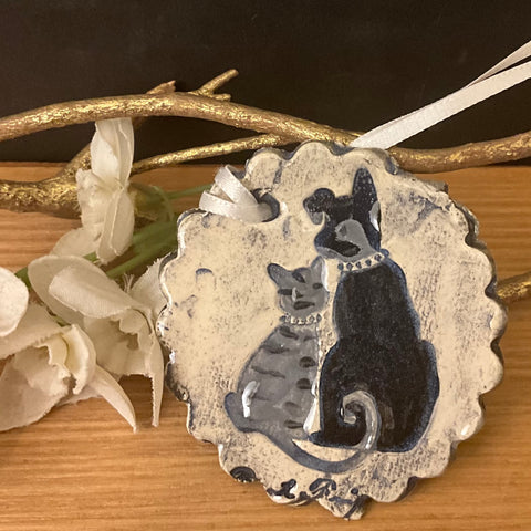 Small Ceramic Ornament Gray Cat & Black Dog