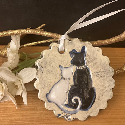 Small Ceramic Ornament White Cat & Black Dog