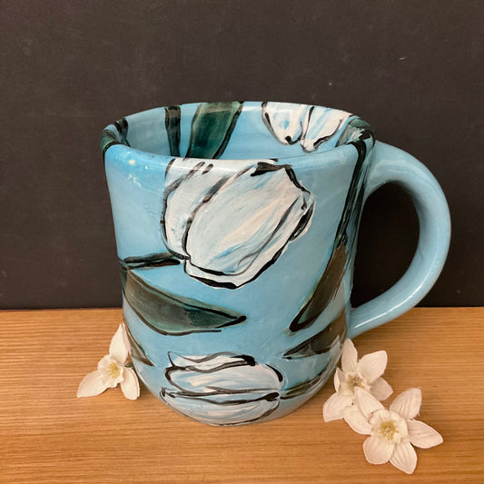 Mug Deep Aqua with White Tulips