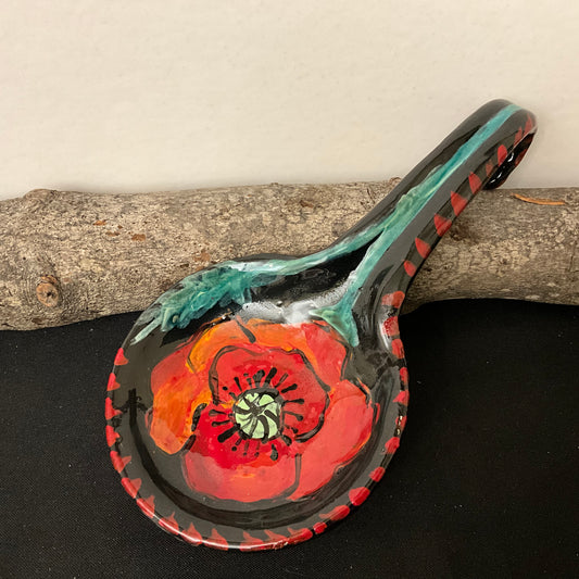 Spoon Rest Black with Red Poppies