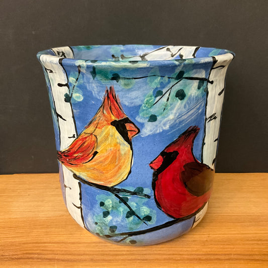 Crock with Cardinals on Blue