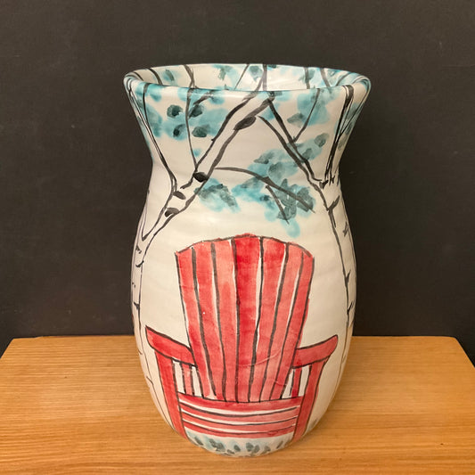 Vase with Red Adirondack Chairs