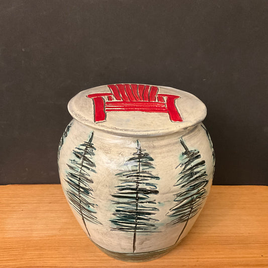 Large Ginger Jar with Carved Trees & Red Adirondack Chair on the Lid