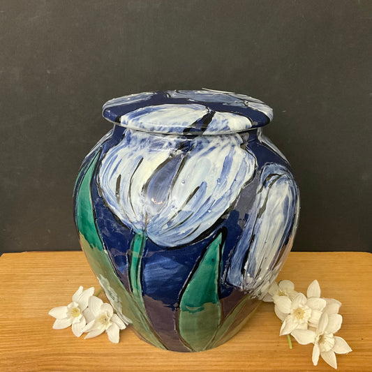 Large Ginger Jar Dark Blue with Blue Tulips