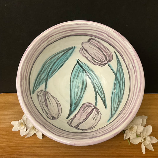 Small White Bowl with Pale Watercolor Look Purple Tulips