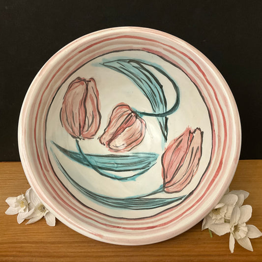 Small White Bowl with Pale Watercolor Look Pink Tulips