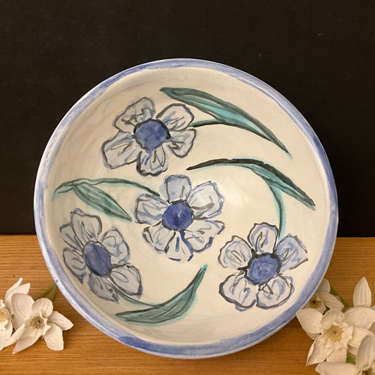Small White Bowl with Blue Watercolor Look Flowers