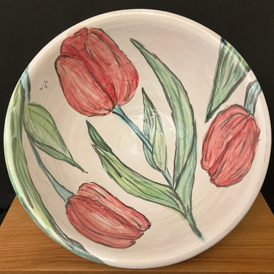 Large White Bowl with Pink Tulips