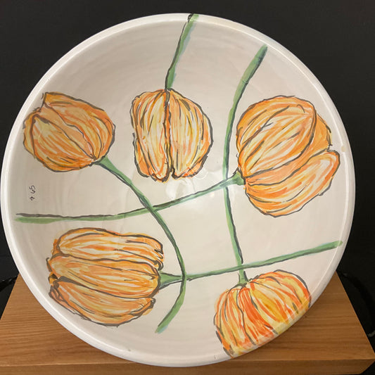 Large White Bowl with Orange Tulips