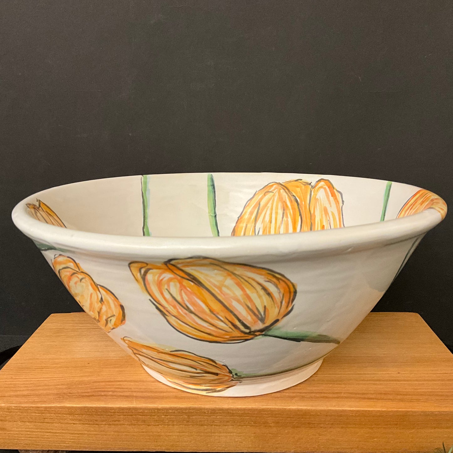 Large White Bowl with Orange Tulips