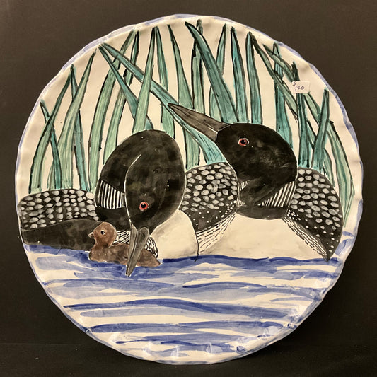 Large Round Platter with Loons and Chick