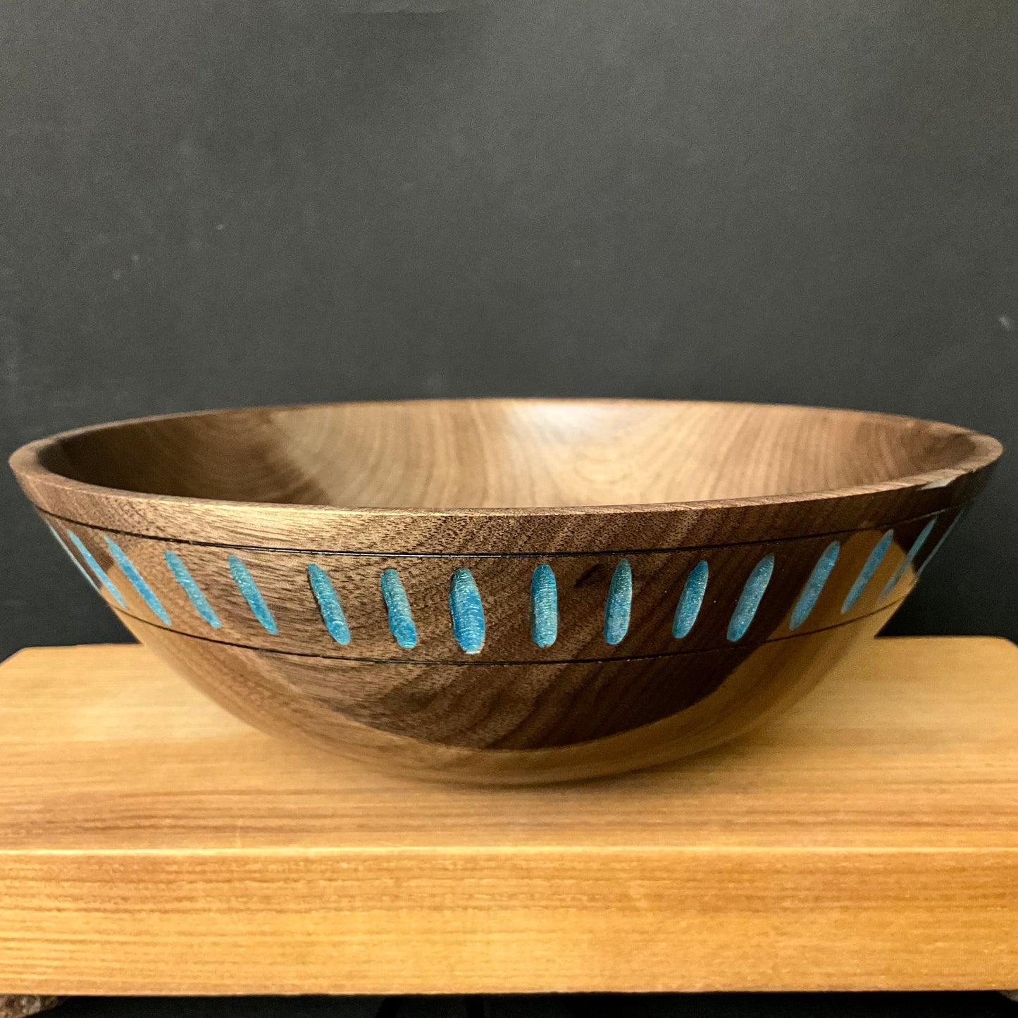 Walnut Bowl w Metallic Blue Fluted Rim
