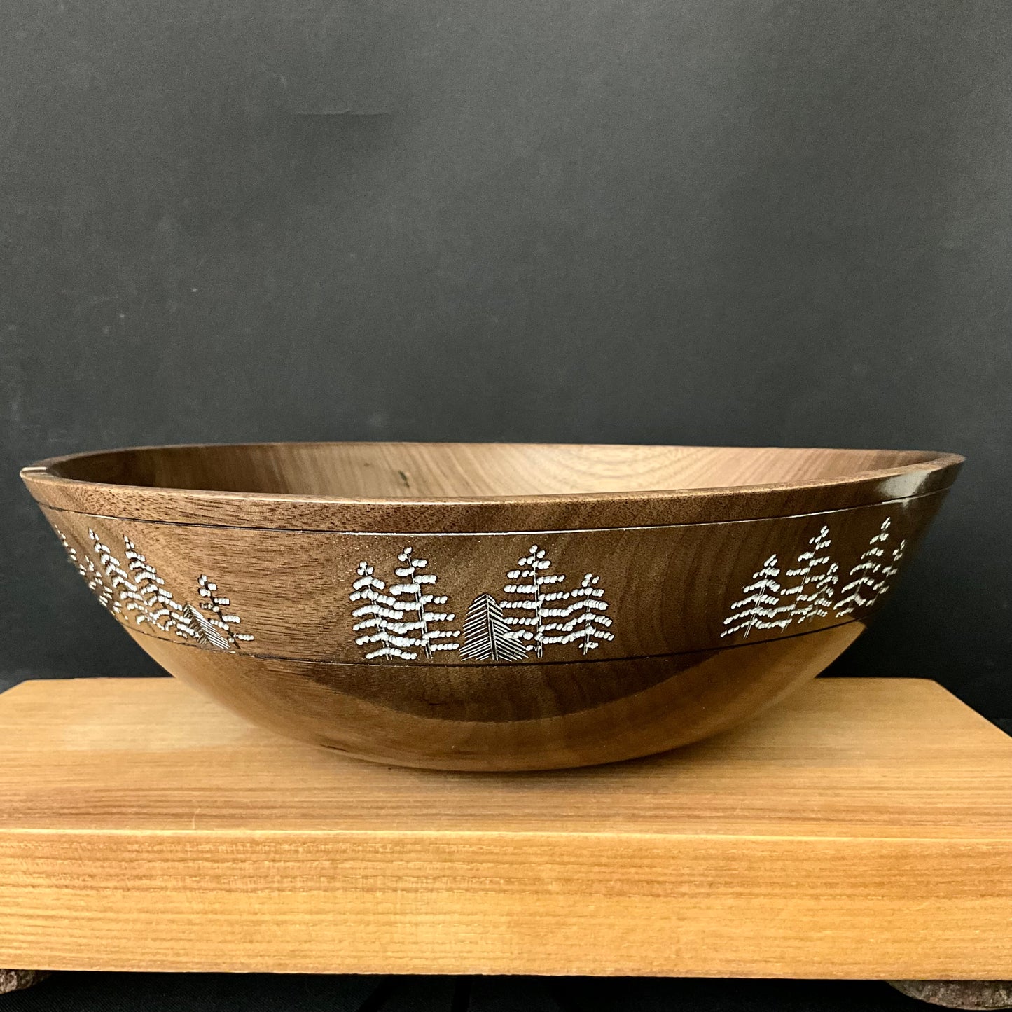 Walnut Footed Bowl w White Woodburned Forest
