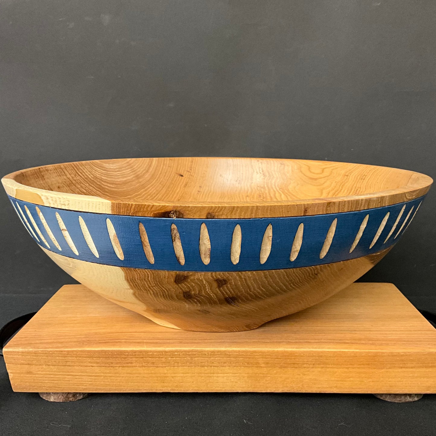 Hickory Bowl w Fluted Blue Milk Paint on Rim