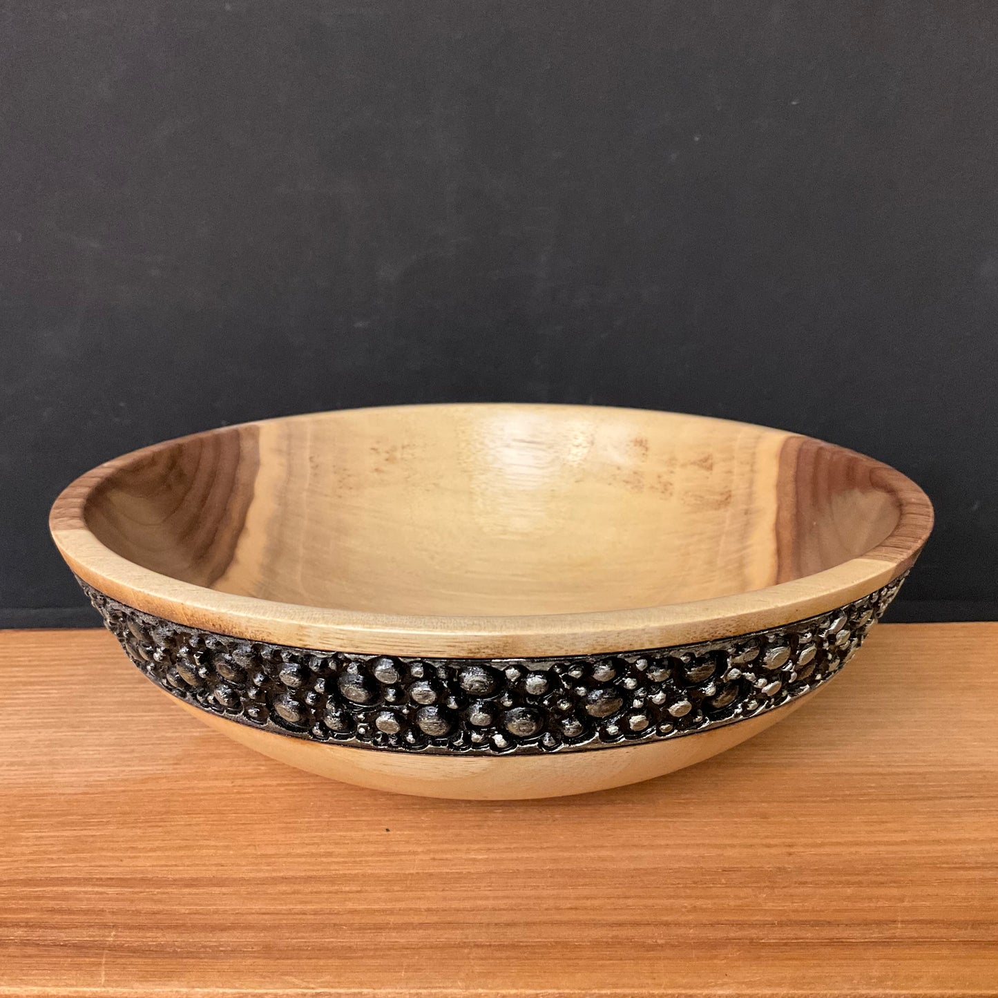 Walnut Bowl w Black & Silver Bubbles on Rim