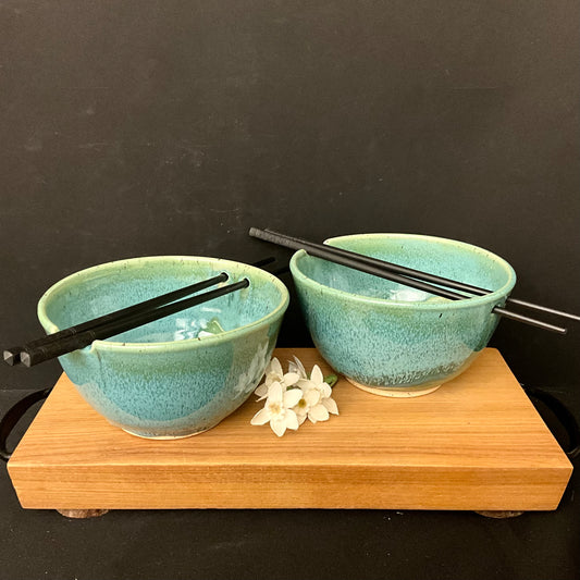 Set of Two Rice Bowls Dk Turquoise & Green with Chopsticks