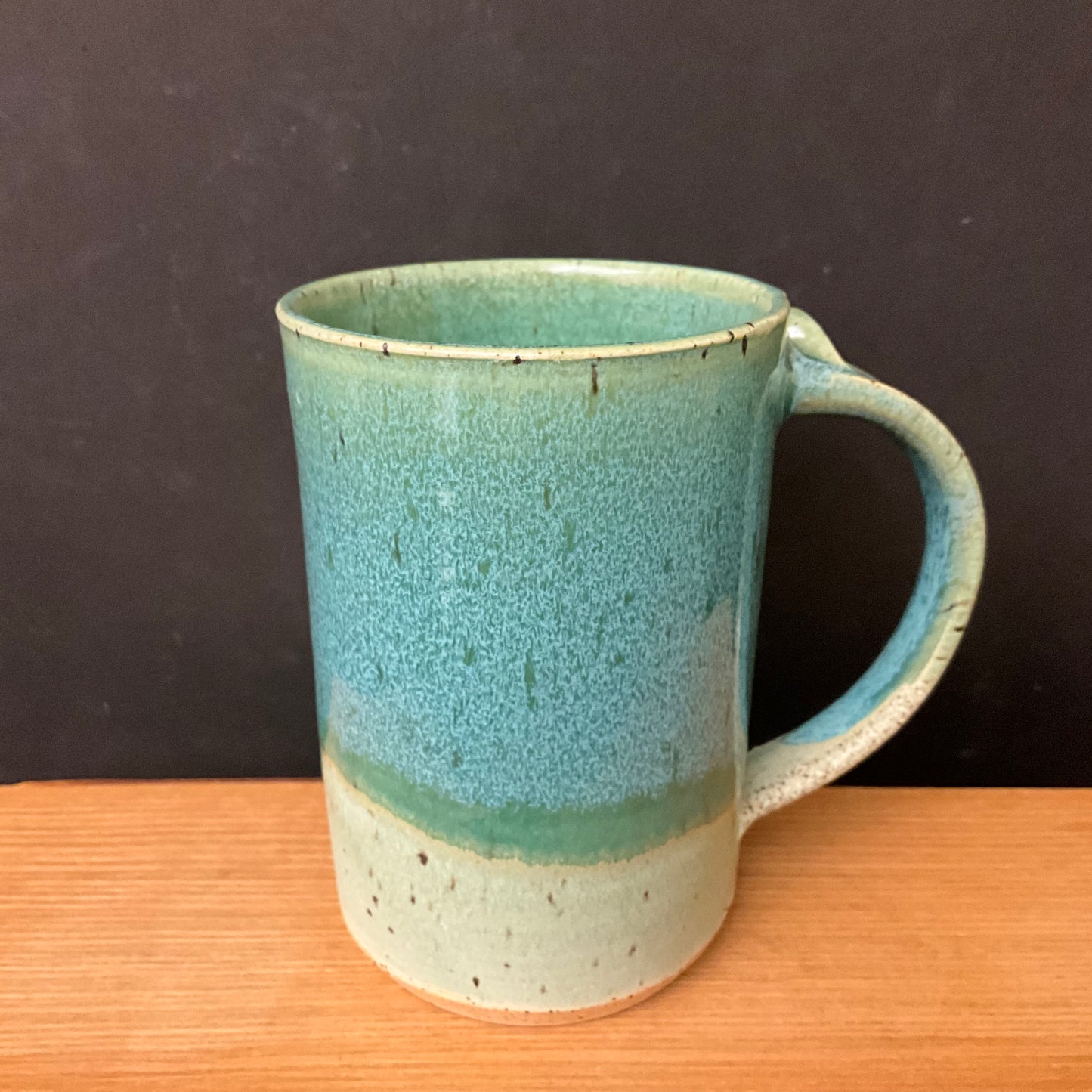 Tall Mug in Light Green with Dark Turquoise Drip Rim, Linda Petroccione, DeKalb Junction, NY