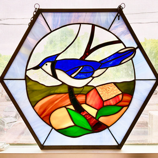 Stained Glass Blue Jay Window Decor