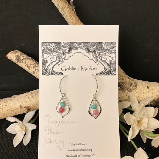 Turquoise & Thulite Silver Framed Drop Earrings