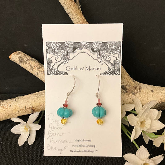 Carved Turquoise Melons with Amber & Garnet Earrings