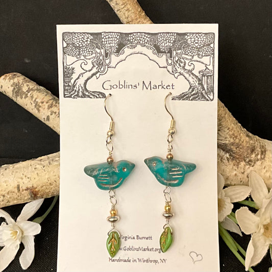 Aqua Blue Bird Earrings with Green Leaves