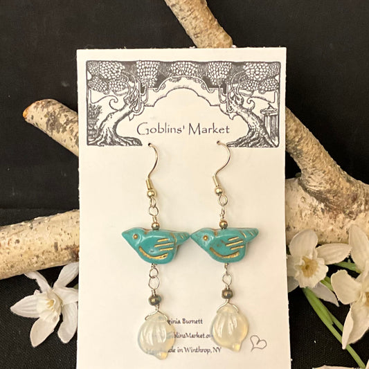 Turquoise Blue Bird Earrings with Opaline White Leaves