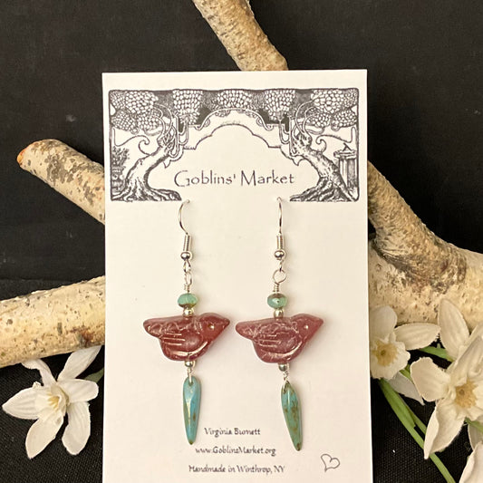 Rosewood Pink Bird earrings with Turquoise Thorn beads