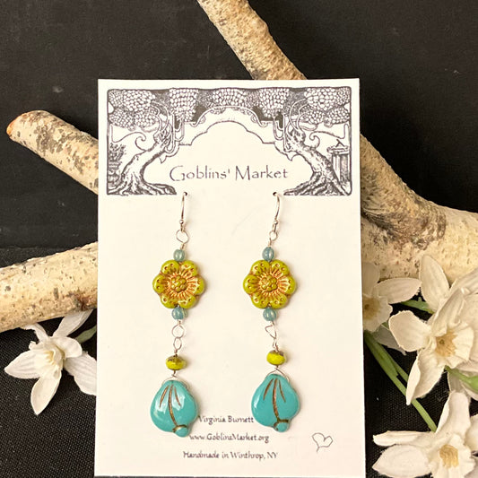Earrings with Lime Green Flowers & Turquoise Leaf Dangles