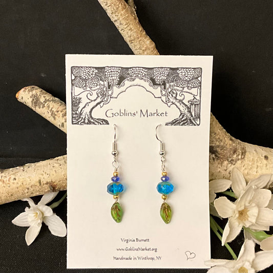 Earrings with Cyan Blue rondelles and green leaves