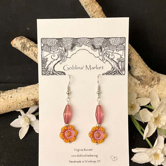 Earrings with Pink drops and Marigold Flowers