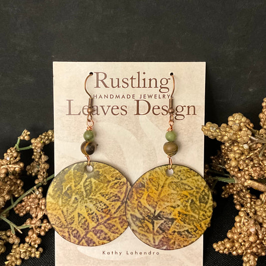 Olive & Brown Embossed Leaf Circle earrings