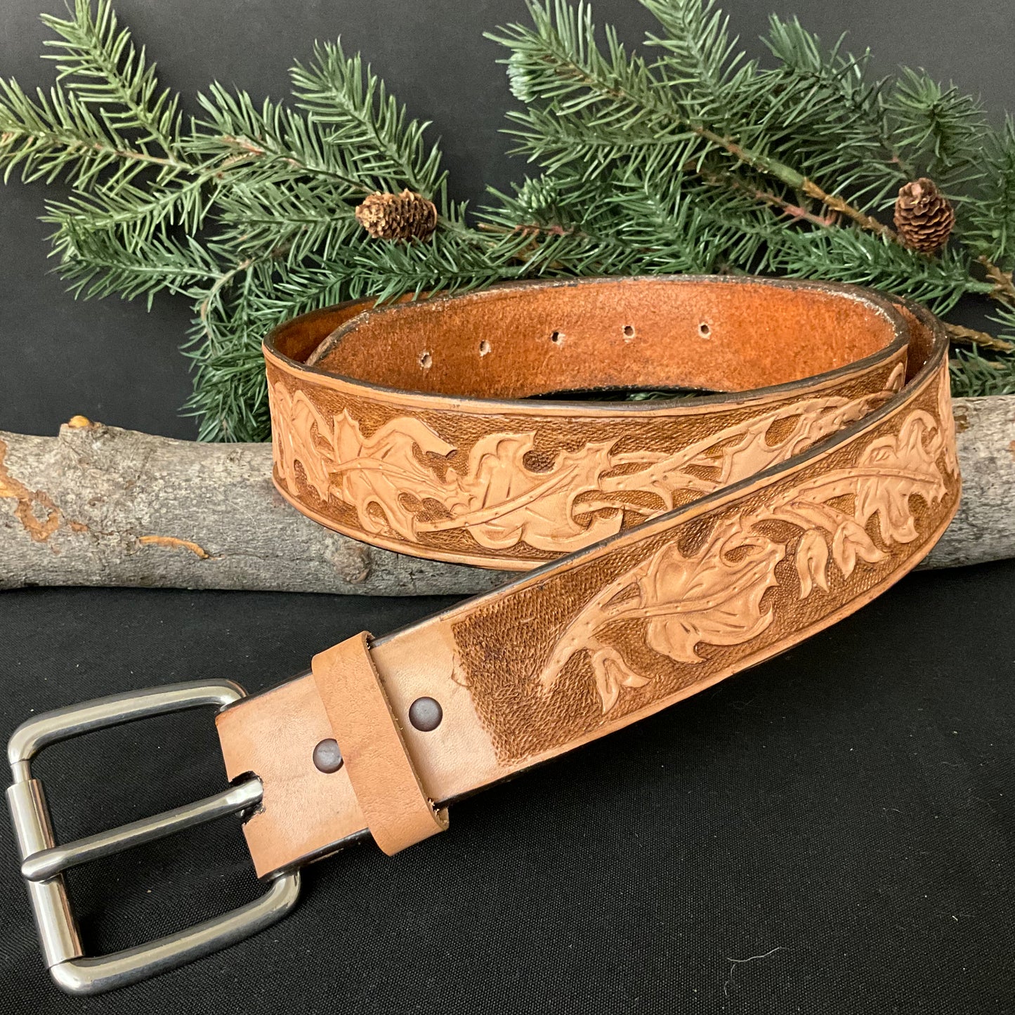 Light Brown Tooled Belt Maple Leaf 38”