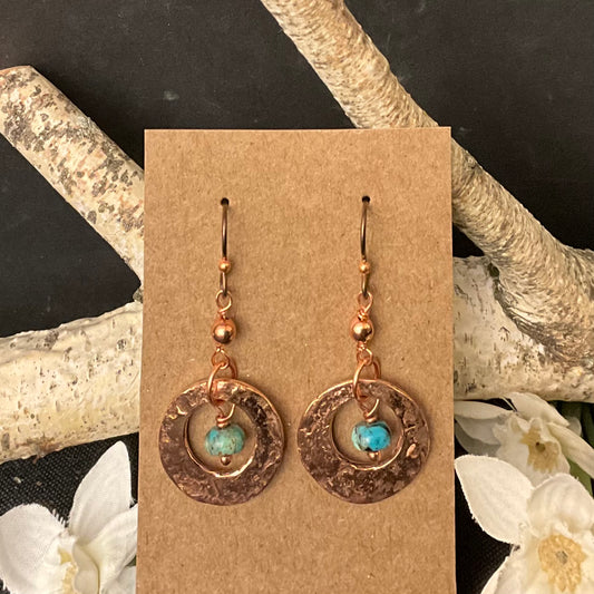 Hammered Copper Earrings with Turquoise beads #289