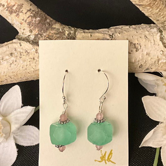 Aqua Green Beach Glass Earrings #294
