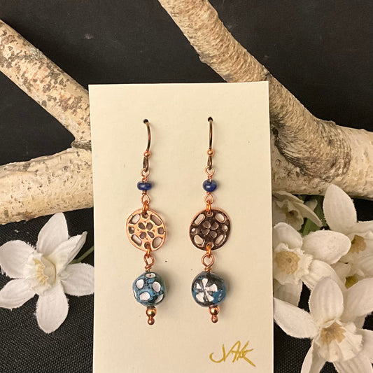 Copper Lattice Earrings w/ Lapis & fair trade beads #288