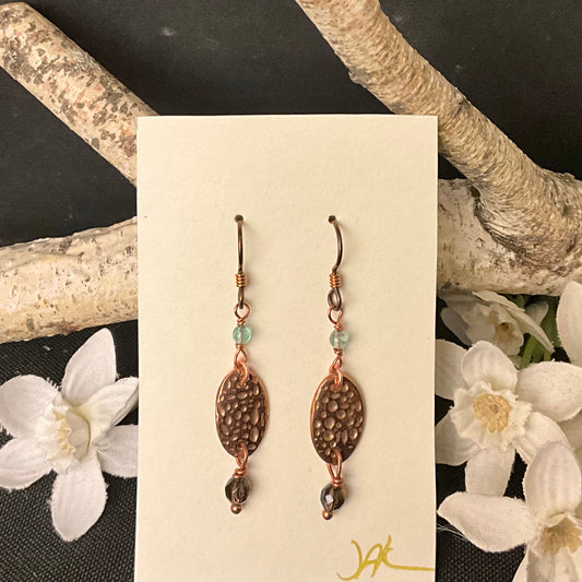 Dimpled Copper Earrings with Aquamarine & Smoky Quartz beads #290